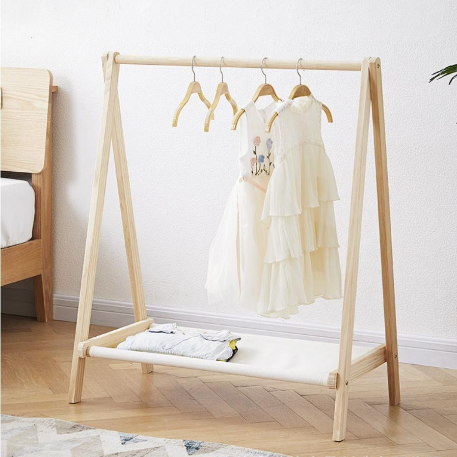 Baby Clothing Rack - Solid Wood Floor Standing Clothes Hanger
